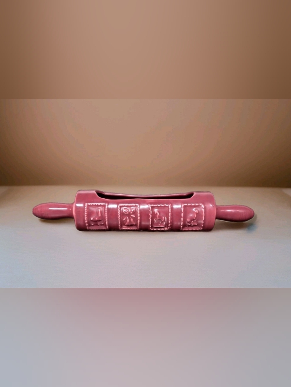 Vintage Pottery Deep Red Rolling Pin Planter!